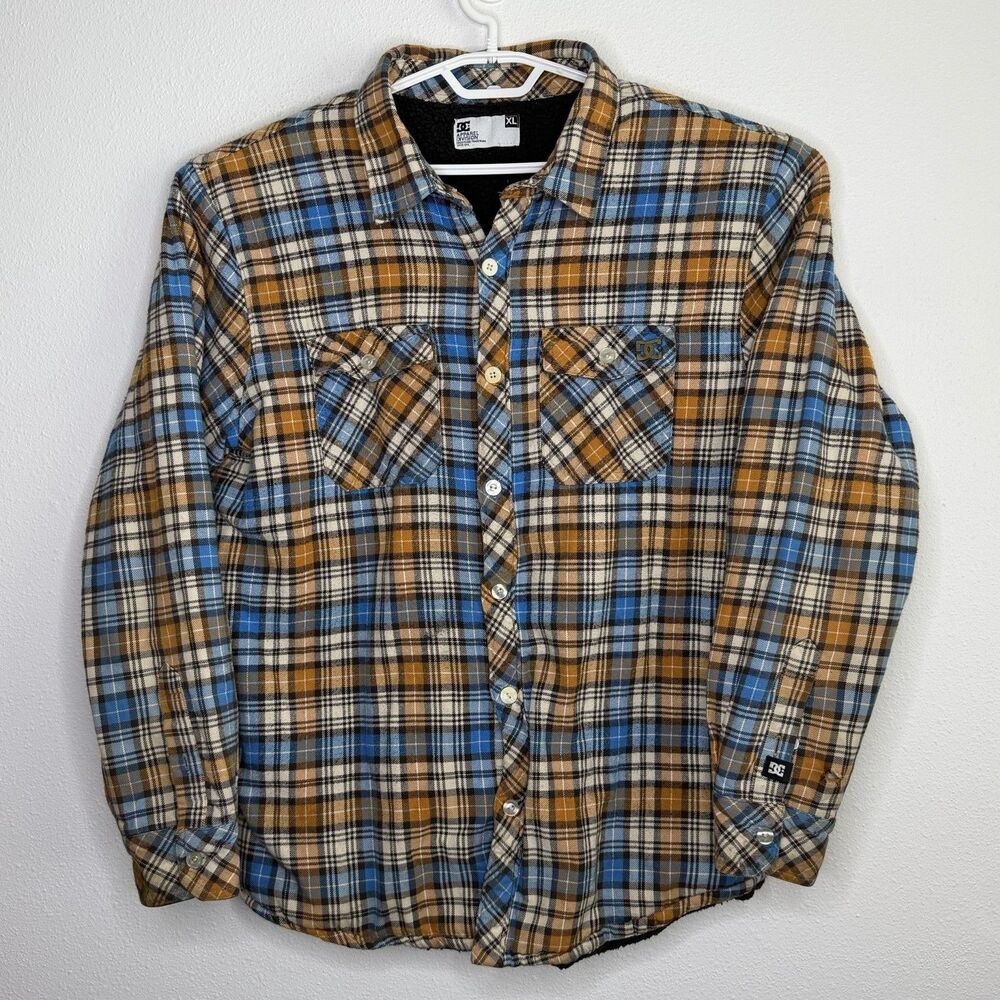 DC Shoes Sherpa Lined Flannel Jacket Plaid Blue Tan Button Up Men’s XL